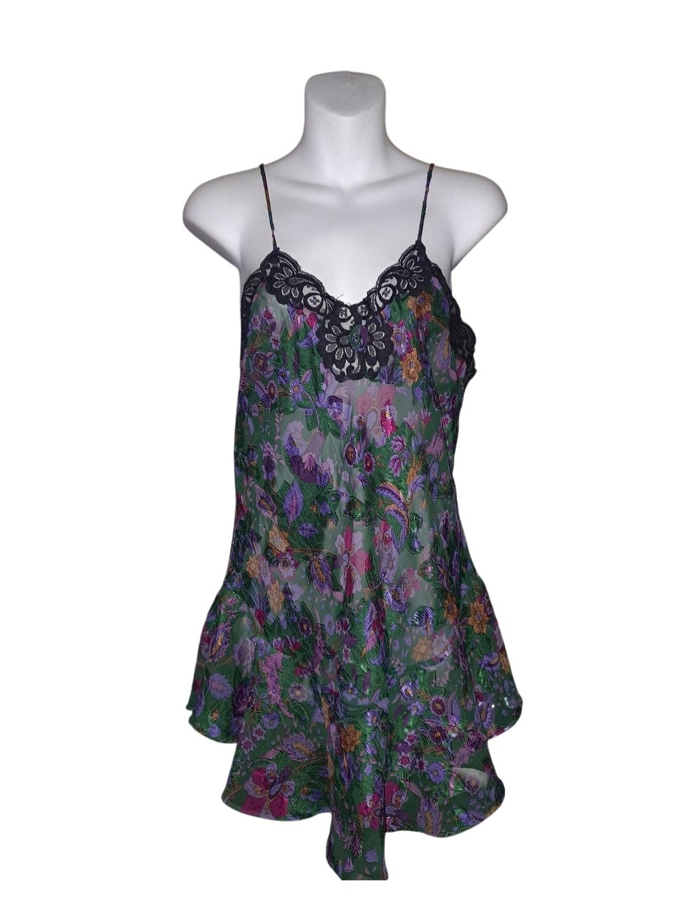Floral Lace-Trim Slip Dress in Green and Purple